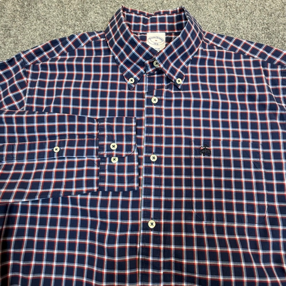Brooks Brothers 1818 Mens Medium Plaid Button Down Shirt Navy Red Cotton L/S